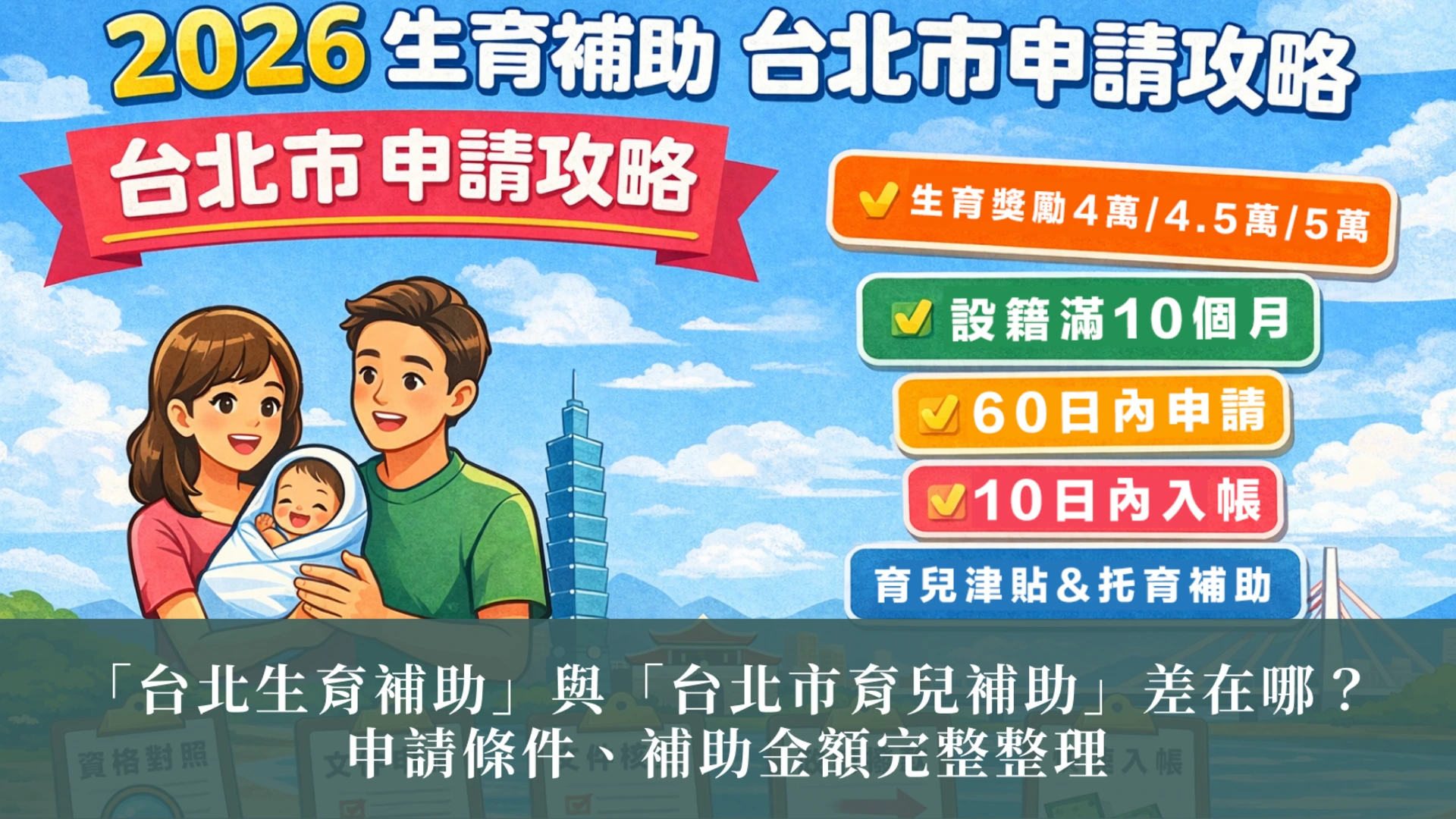「台北生育補助」與「台北市育兒補助」差在哪？申請條件、補助金額完整整理｜2026 生育補助台北市
